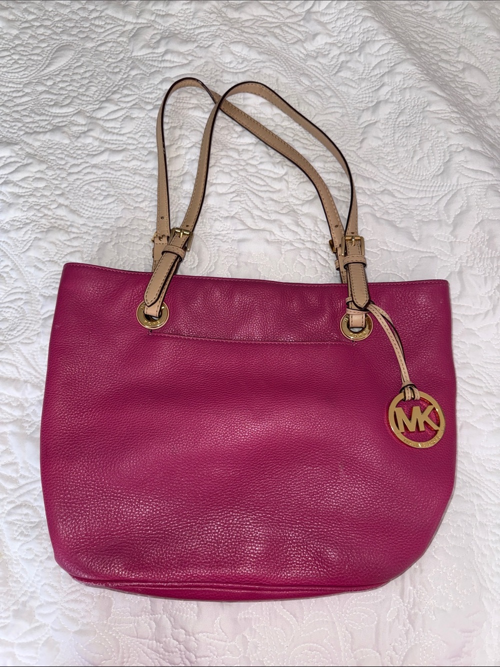 Michael Kors Magenta Leather Tote with Tan Straps